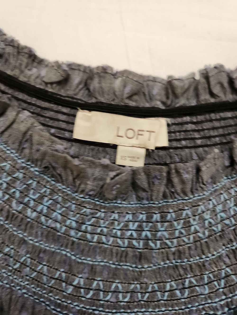 LOFT Slate Blue Smocked Whimsical Ruffled Neck Puff Sleeve Top - Picture 6 of 8